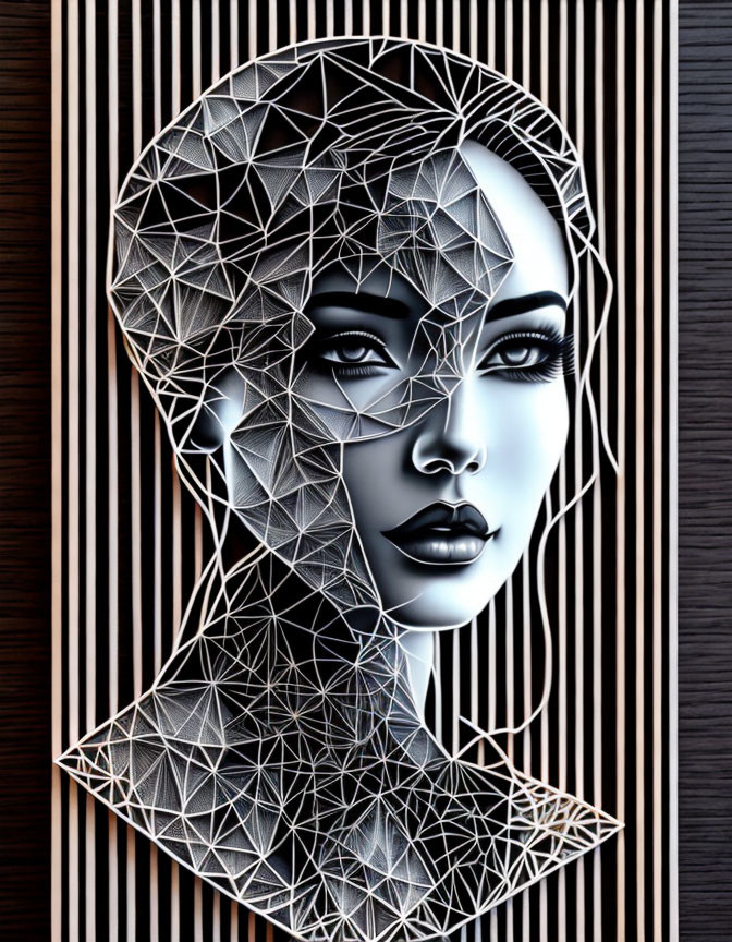 Stylized woman's face with 3D wireframe overlay on striped background