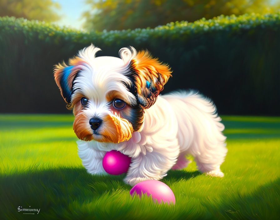 Fluffy white dog with black and tan markings on grassy lawn with pink balls and hedges