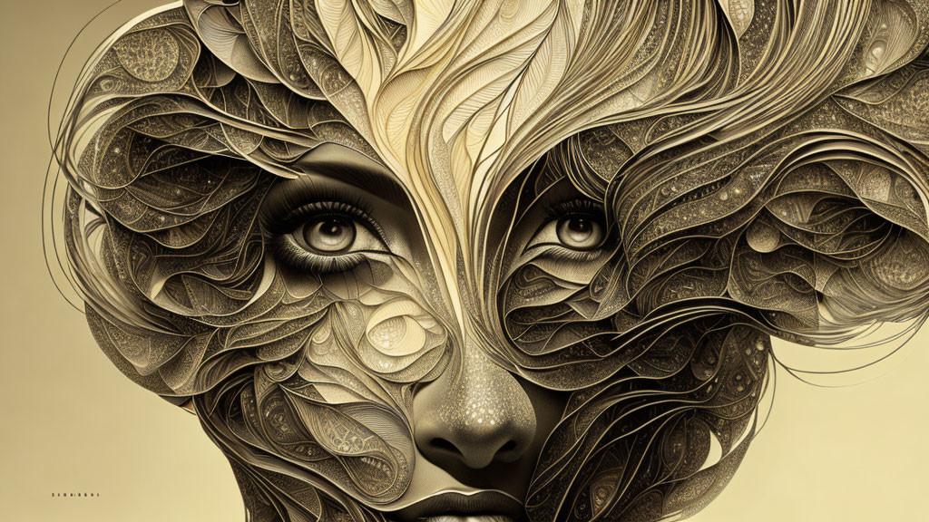 Detailed feminine face illustration with swirling leaf-like hair and captivating eyes on sepia background