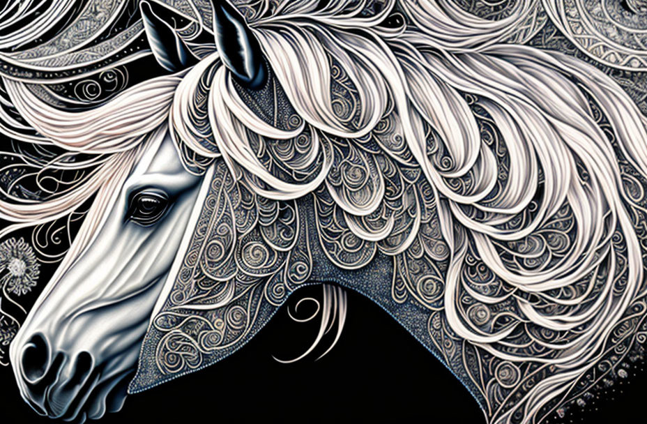 Detailed Black and White Horse Illustration with Paisley Patterns