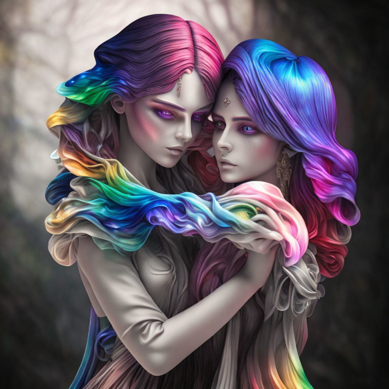 Fantasy figures with multicolored hair embrace against natural backdrop