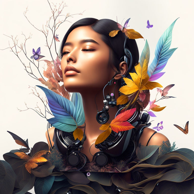 Woman with headphones surrounded by feathers and butterflies in harmonious fusion.