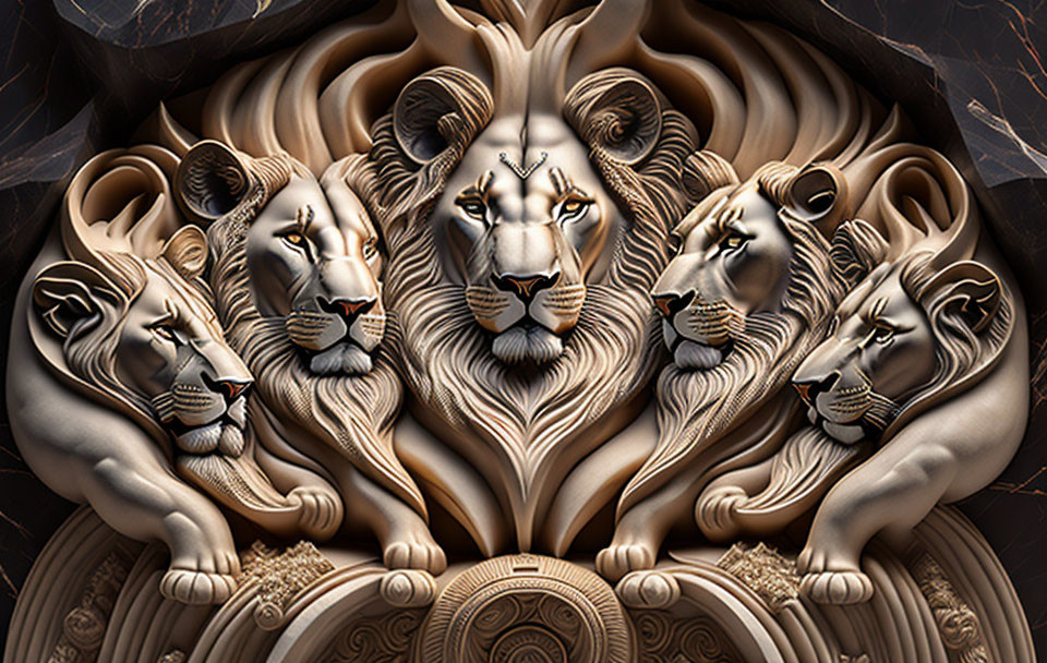 Detailed relief sculpture of five lions with central figure and intricate mane designs