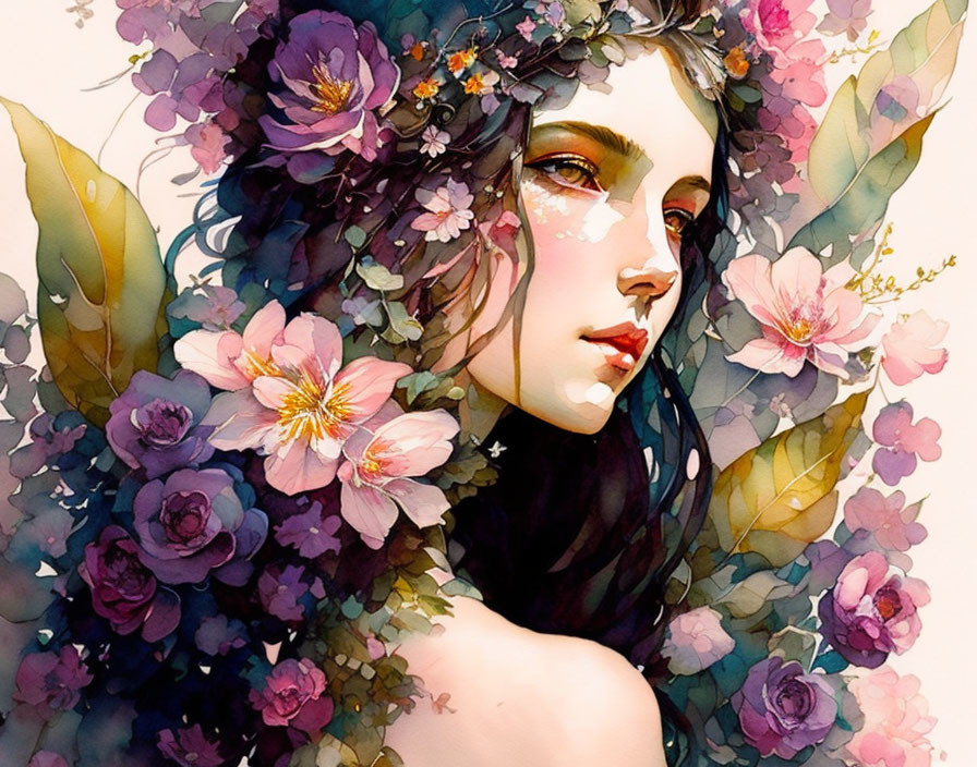 Woman's Face Surrounded by Colorful Flowers and Leaves