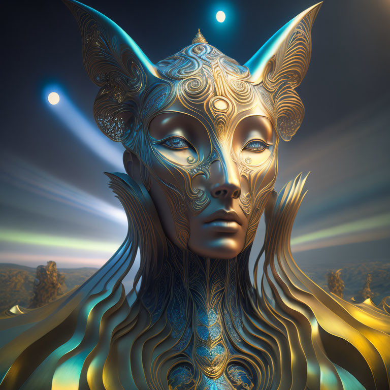 Golden humanoid face with feline ears in surreal landscape with moon