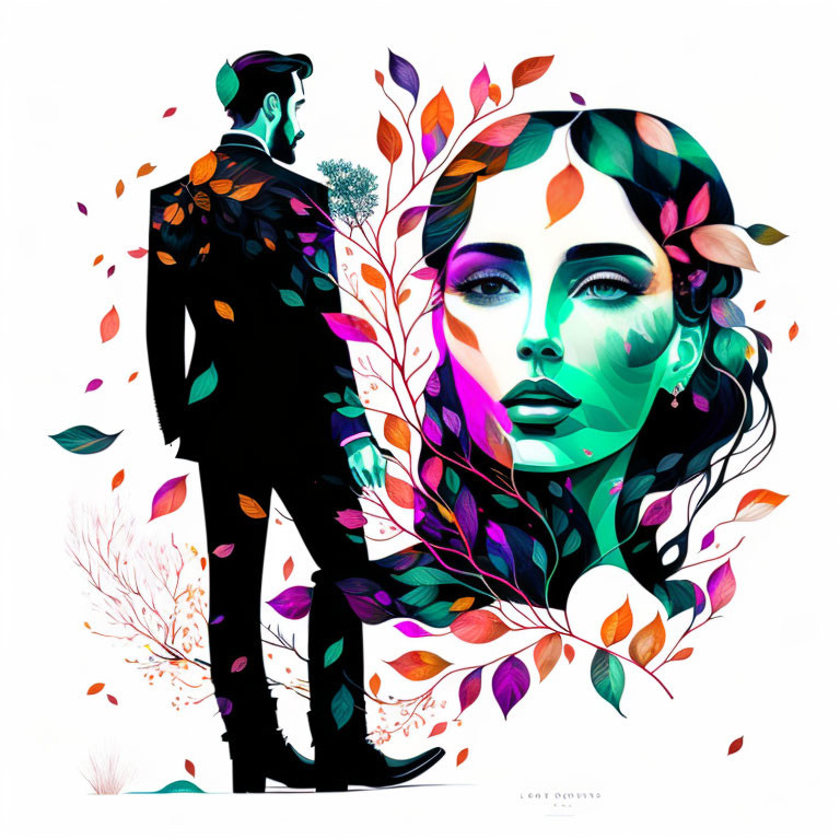 Man's silhouette merges with woman's face in colorful illustration