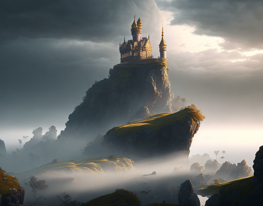 Mystical castle on steep cliff in mist with dramatic sky