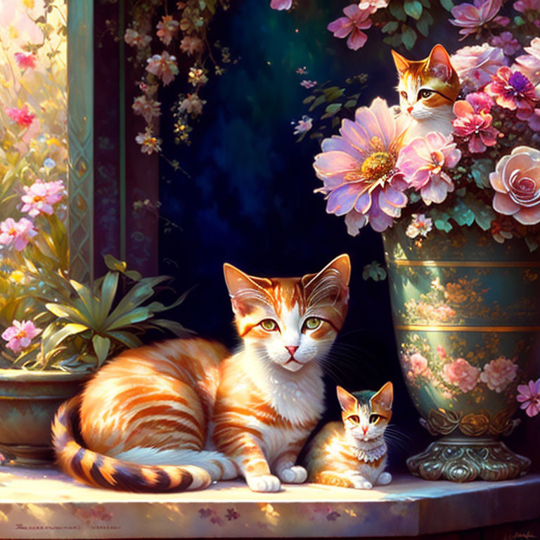 Two cats near pink flowers and window in lush setting