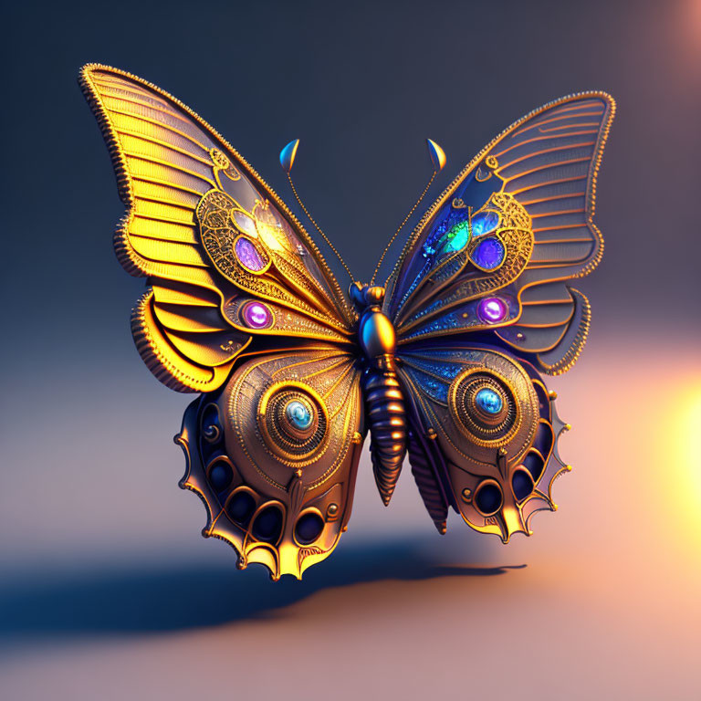 Mechanical butterfly digital art with golden gears and purple accents