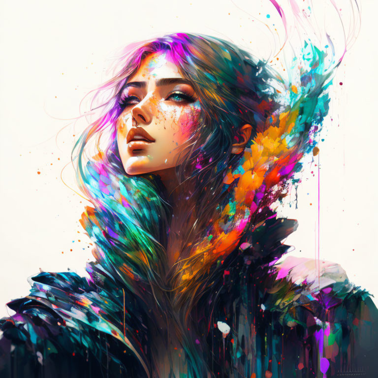 Colorful digital portrait of a woman with paint splashes and floral elements blending in hair.