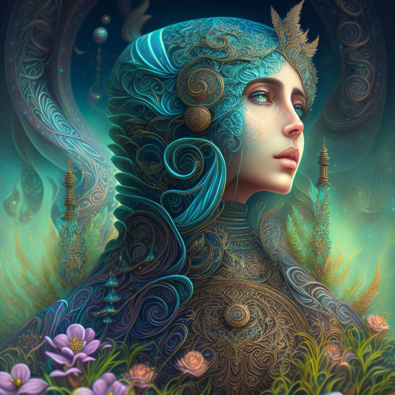 Ethereal Woman in Teal Armor with Swirling Hair and Starry Background