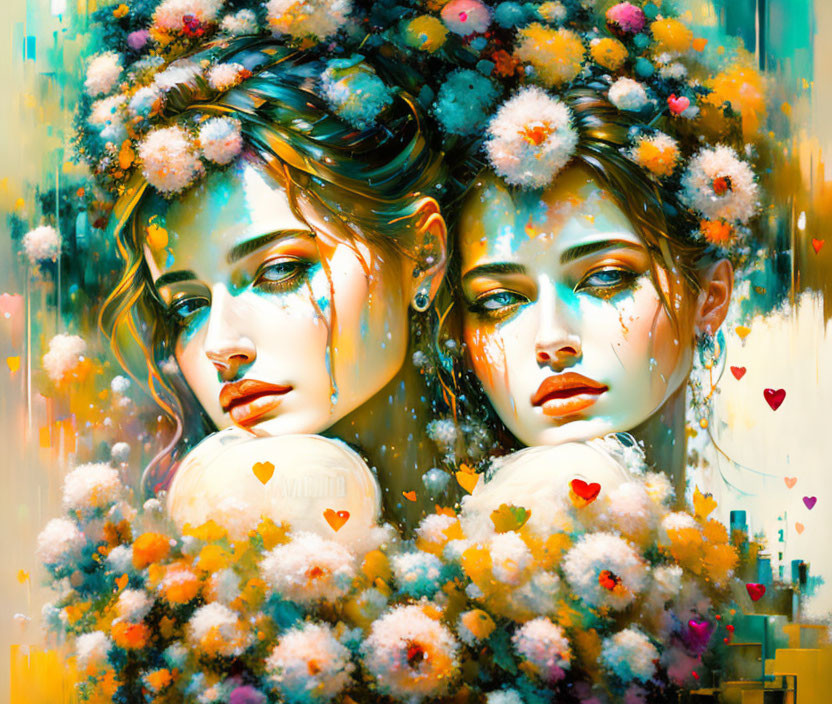 Colorful Artwork: Two Women with Floral Wreaths and Floating Hearts