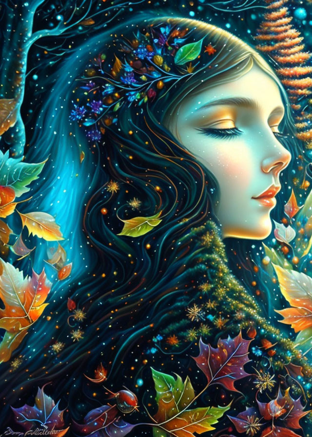 Detailed Woman's Profile Blending into Autumnal Cosmic Scene