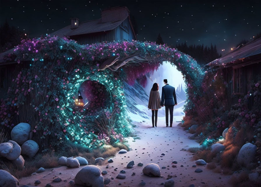 Couple Walking Towards Luminous Flower Tunnel at Night