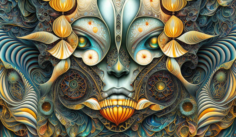 Symmetrical artwork: Central face motif, intricate patterns, vibrant colors