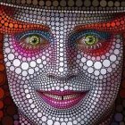 Detailed digital artwork: Face with metallic filigree mask, vibrant colors