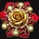 Luxurious digital artwork of golden rose surrounded by red roses, pearls, jewels, and ribbons