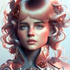 Young girl digital artwork: Pink hair, floral adornments, detailed facial features.