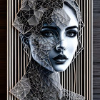 Stylized woman's face with 3D wireframe overlay on striped background