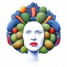 Vibrant surreal headdress with fruits and jewel accents