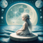 Young girl in white dress on crescent moon surrounded by stars and moons in a dreamy scene