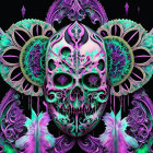 Symmetrical digital artwork: Neon pink and green colors, floral patterns, peacock feathers, butterfly motifs