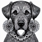 Detailed Black and White Dog Illustration with Mandala Designs