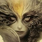 Detailed feminine face illustration with swirling leaf-like hair and captivating eyes on sepia background