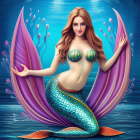 Colorful Mermaid Illustration with Red Hair and Turquoise Tail surrounded by Fish