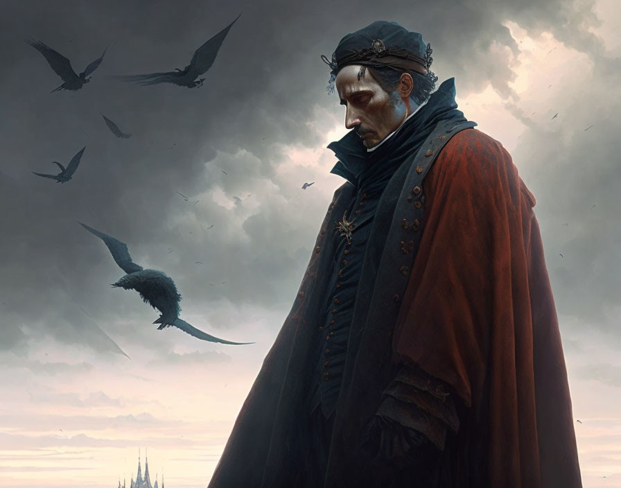 Regal figure in gothic attire under gloomy sky with dark birds.