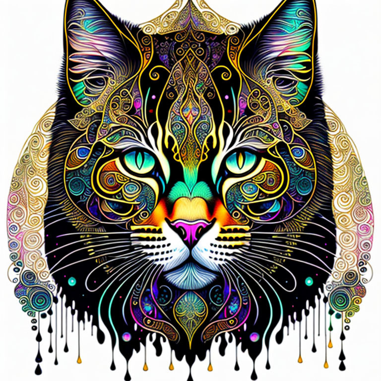 Vibrant Cat Face Illustration with Intricate Patterns