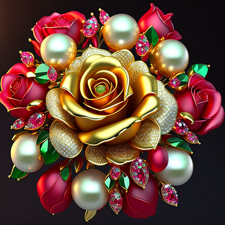 Luxurious digital artwork of golden rose surrounded by red roses, pearls, jewels, and ribbons