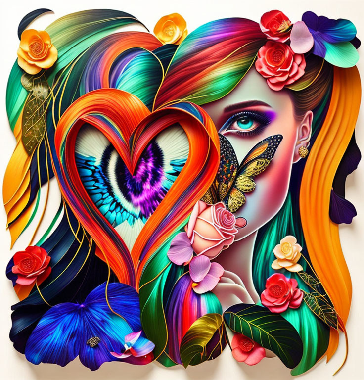 Digital artwork: Woman's face with butterfly wing, colorful hair & flowers