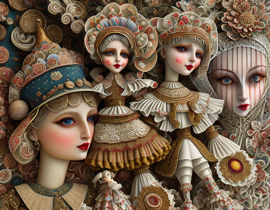 Ornate doll-like figures with vintage surreal costumes and headpieces