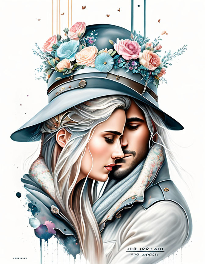 Romantic couple embracing in vintage attire with floral accents