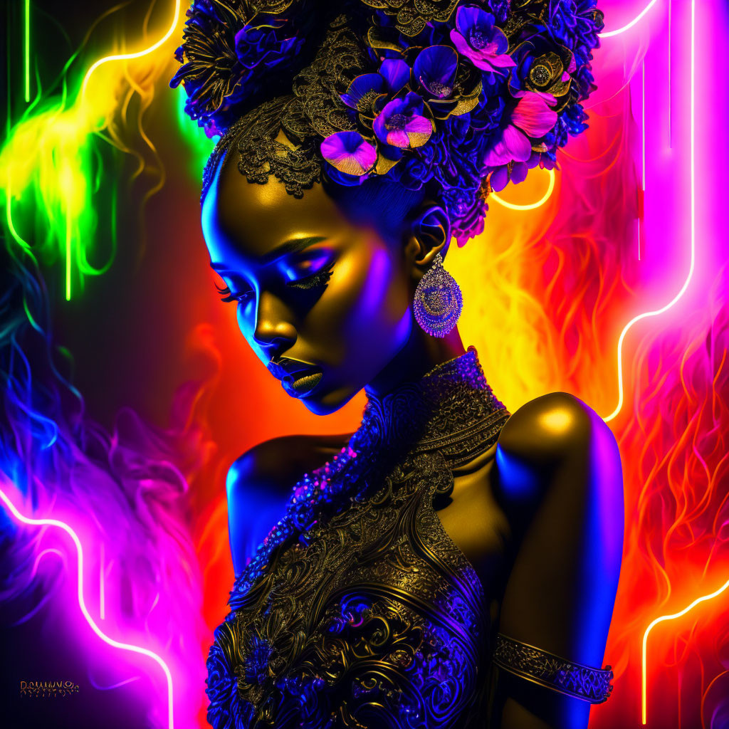 Colorful portrait of a woman with intricate headwear and jewelry under neon lights