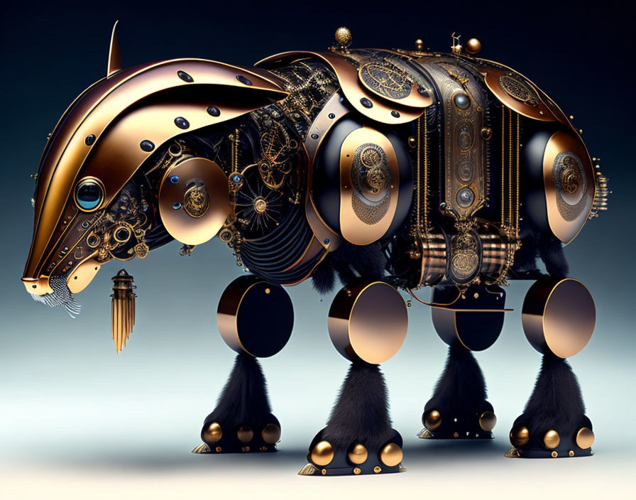 Steampunk-style creature with snail-horse fusion and intricate gold and bronze details