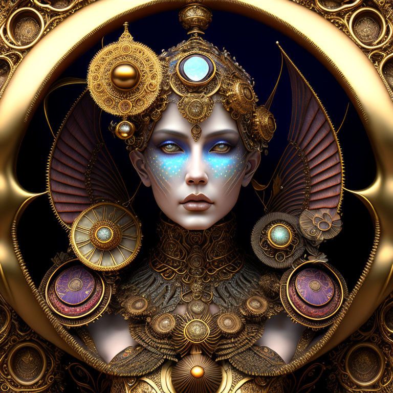 Fantastical digital artwork: Ornate golden headdress, mechanical wings, blue skin.