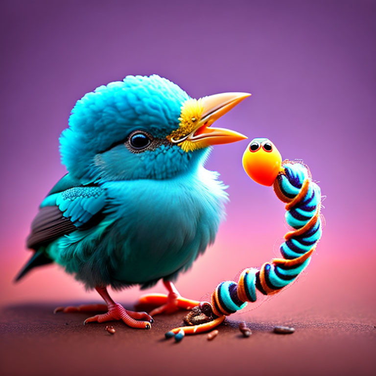 Colorful illustration of whimsical blue bird and worm on purple background