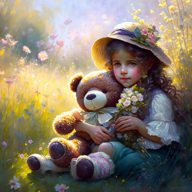 Young girl with flowered straw hat in sunlit field with teddy bear