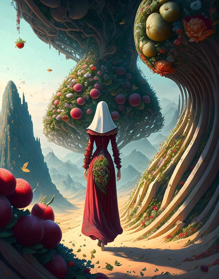 Person in red cloak in surreal landscape with oversized fruits and rock formations