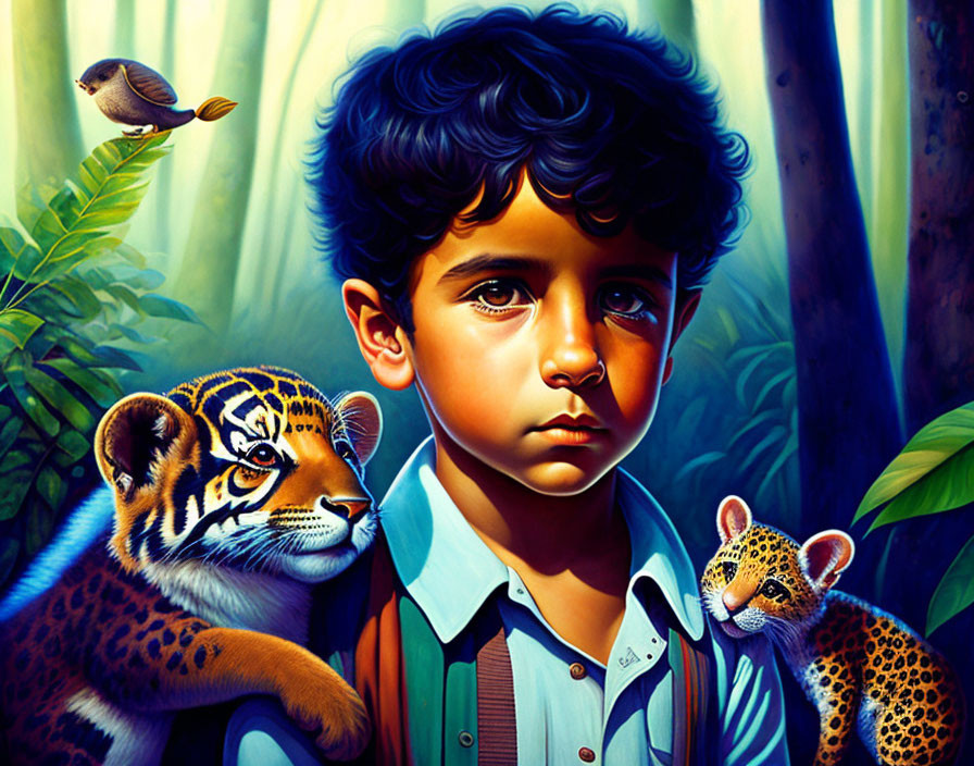 Curly-Haired Boy with Jaguar and Leopard Cubs in Forest