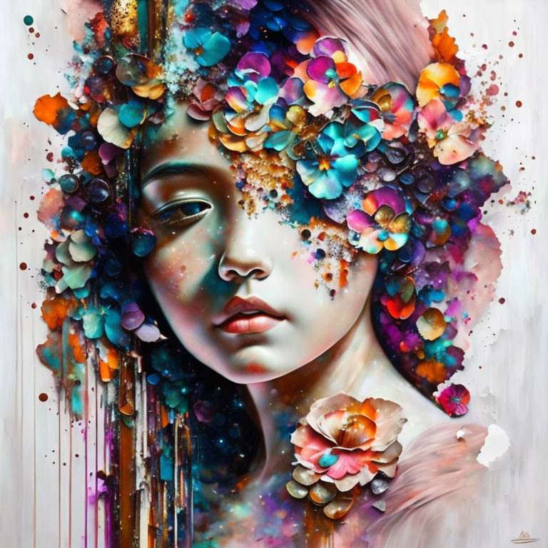 Colorful Flower Adorned Woman's Face Artwork