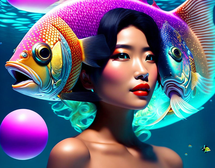 Digital art: Woman's face merges with colorful fish in blue setting with pink orb and yellow fish