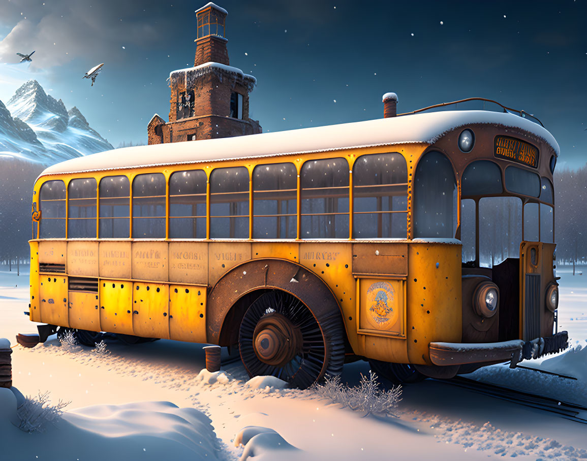 Yellow School Bus Abandoned in Snowy Landscape at Dusk