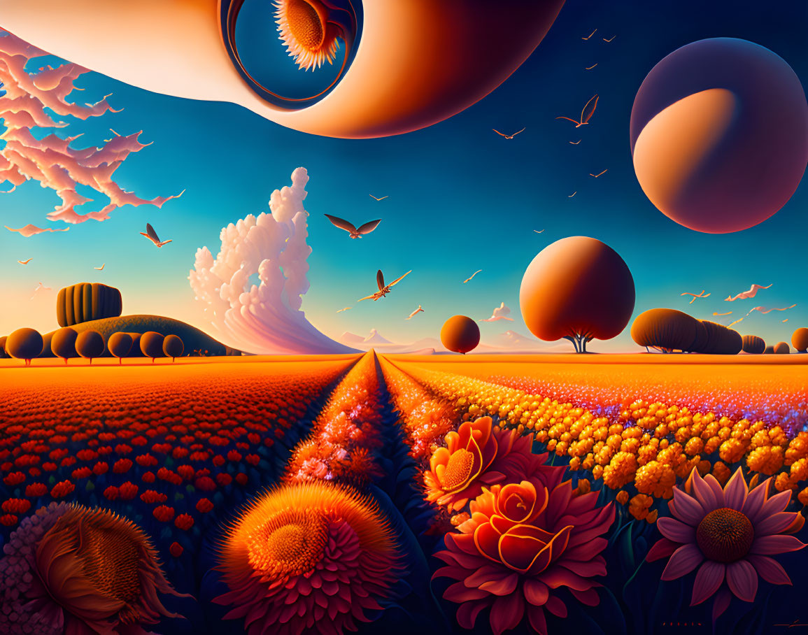 Colorful surreal landscape with floating spheres, whimsical clouds, and a large eye in the sky.