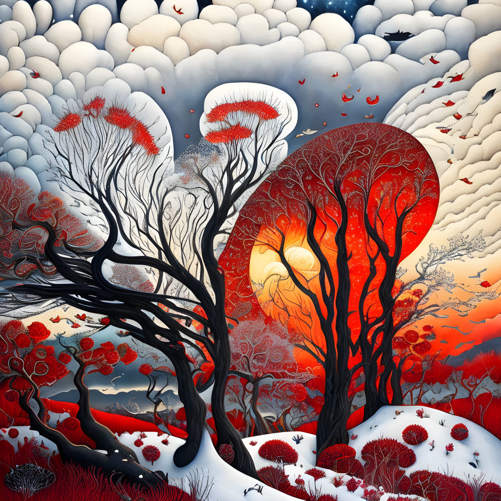 Colorful artwork: Two red foliage trees under red sun with whimsical clouds