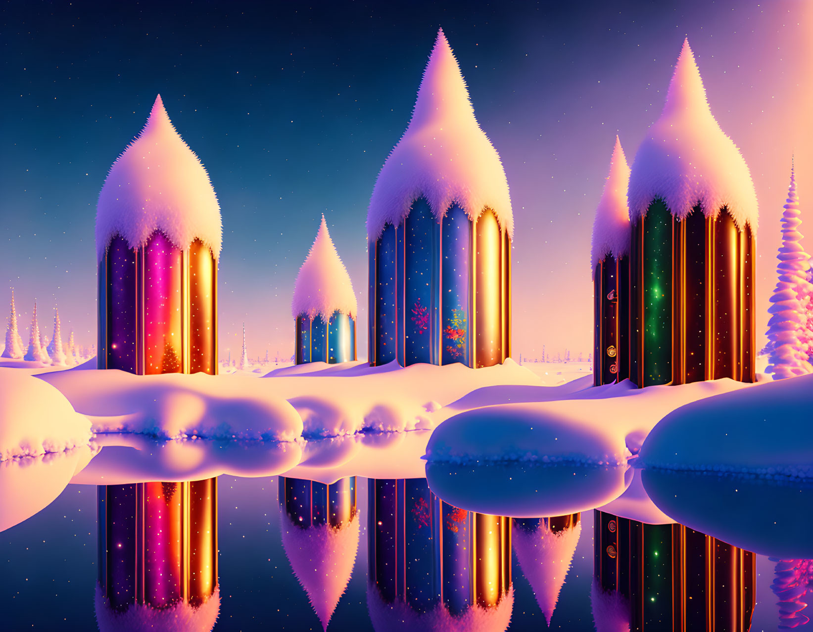 Vividly colored winter night scene with glowing structures reflected in icy river