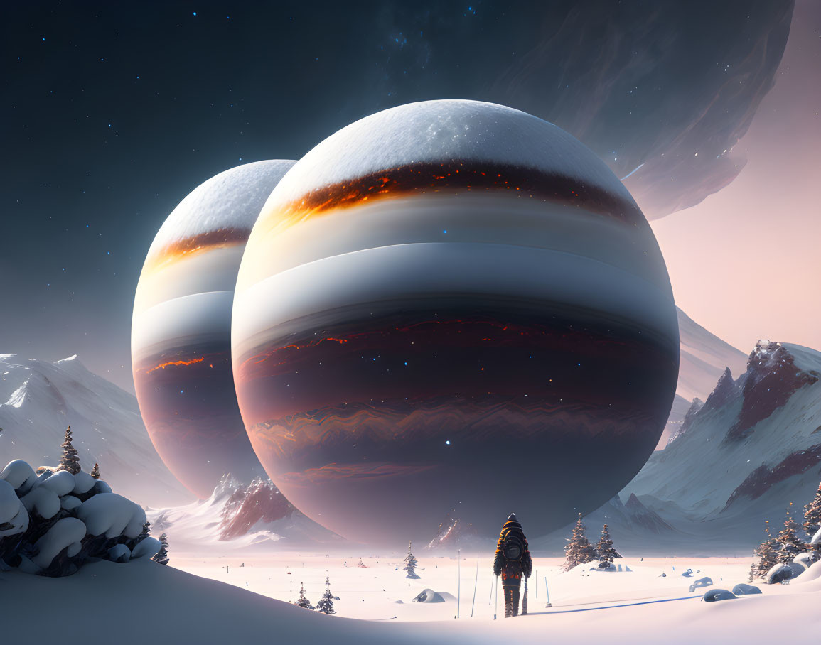 Person standing in snowy twilight landscape gazing at ringed planets