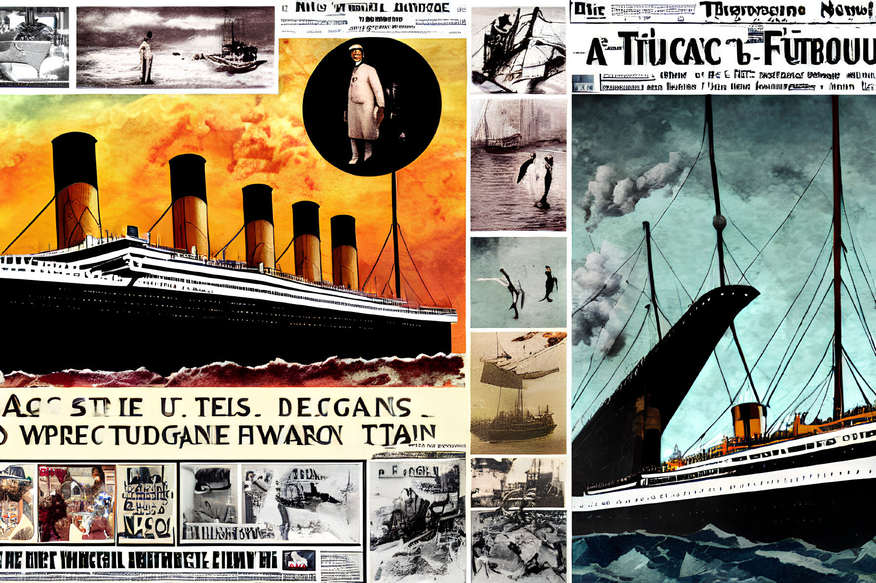 Historical Titanic Collage with Construction, Voyage, Passengers, and Sinking Scenes